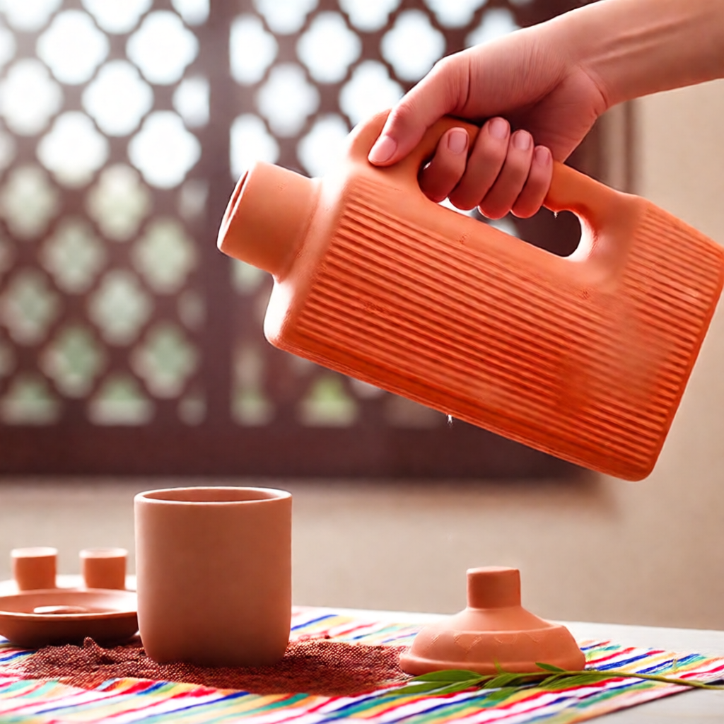 Vintage Clay Water Bottle with glass