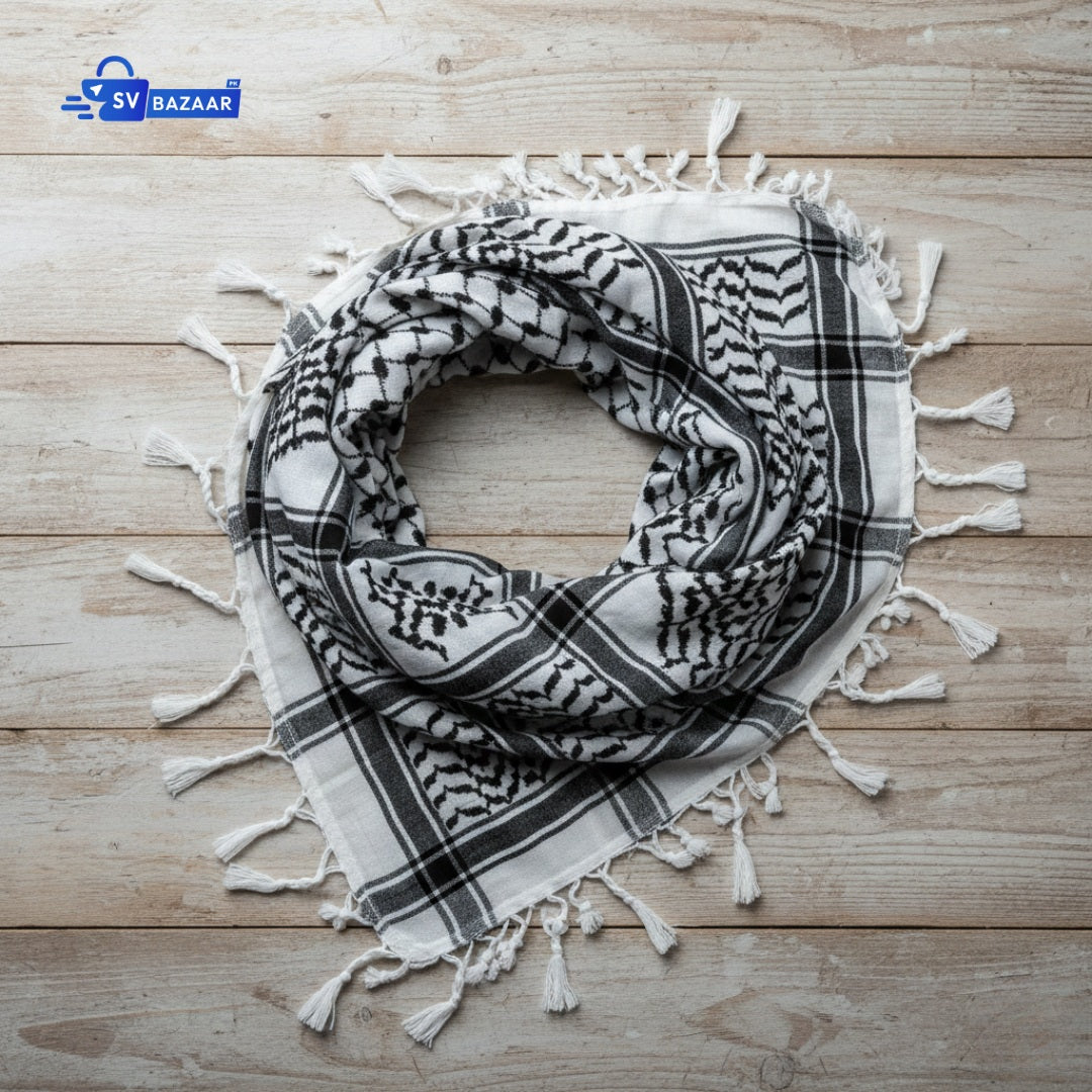 Palestinian Pattern Keffiyeh Roomal Scarf White & Black Printed (Unisex)