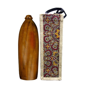 handcrafted wooden water bottle with decorative fabric bag featuring colorful tribal patterns