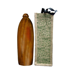 wooden water bottle with natural textured fabric carrying bag featuring green floral pattern