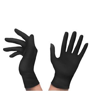 Hands wearing black vinyl disposable gloves on white background