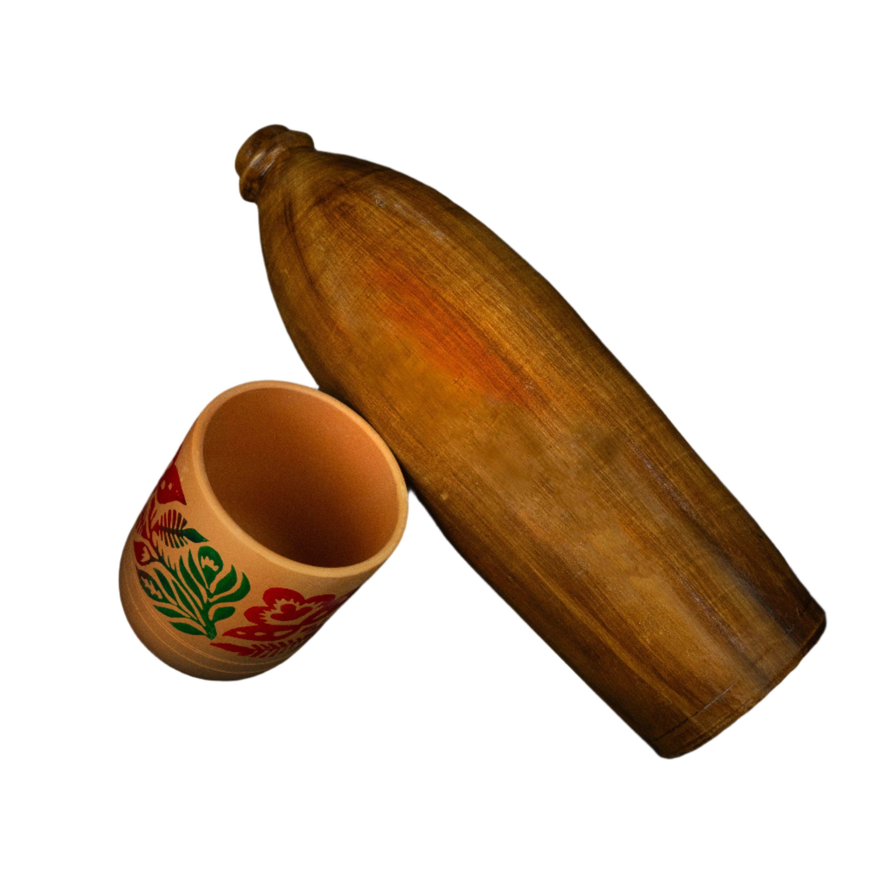 Wooden water bottle with a hand-painted clay cup featuring red and green floral designs