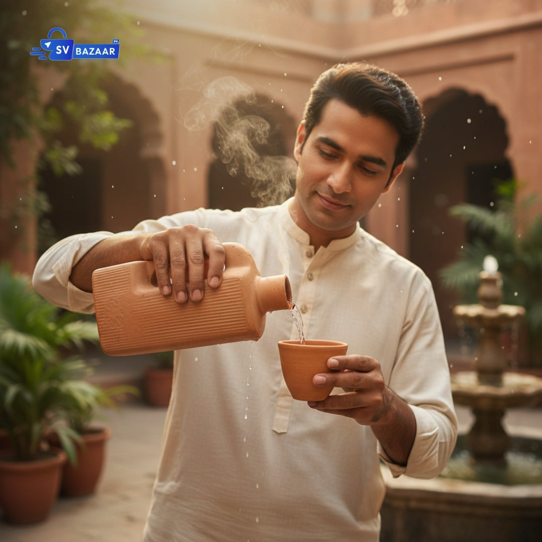 Vintage Clay Water Bottle with glass