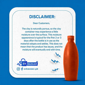 Disclaimer about natural moisture on porous clay bottle surface with SV Bazaar logo on blue background