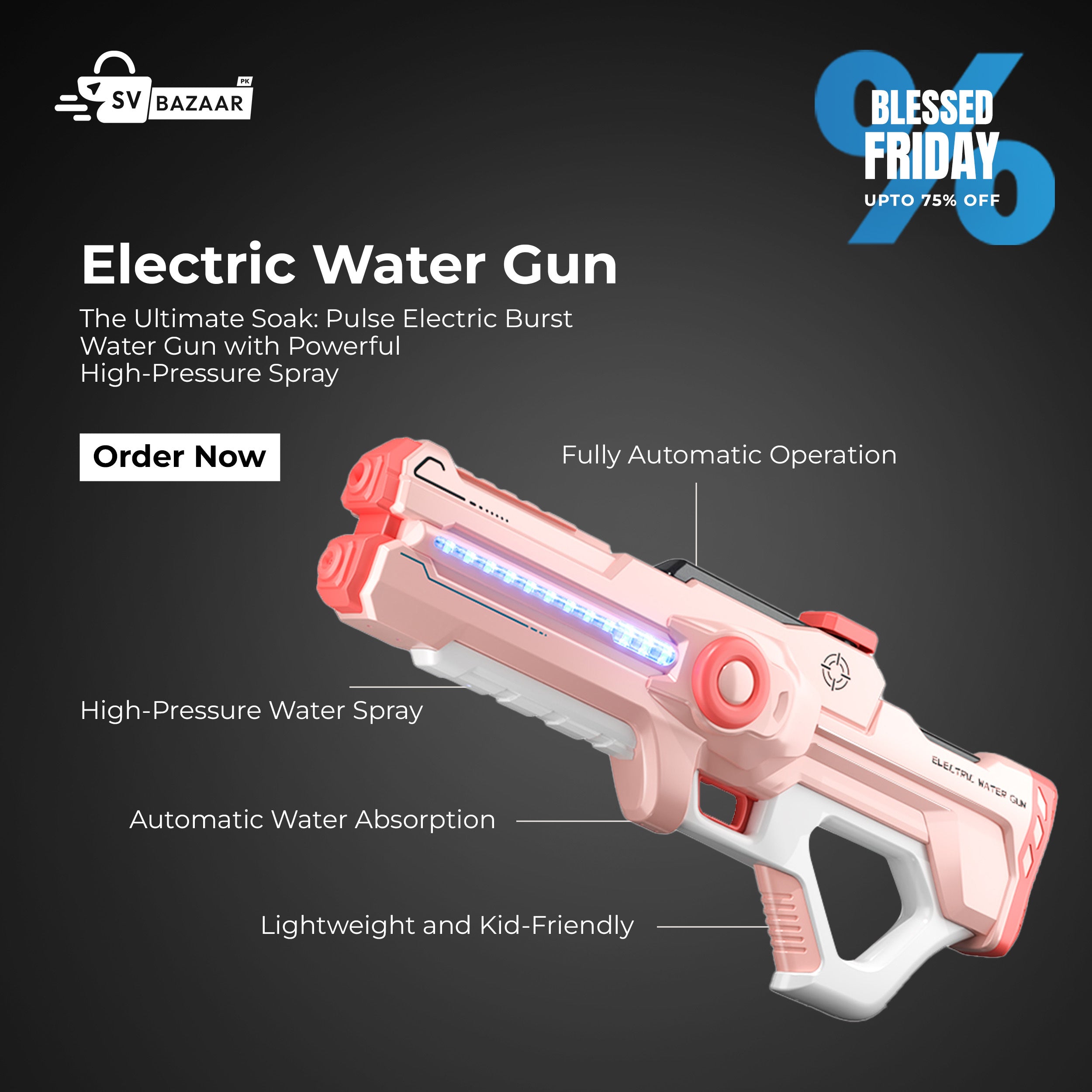 Electric Water Gun: Pulse Electric Burst Gun Fully Automatic Starter Series Powerful High Pressure Spray Toys for Boiys & Girls Ages 3+- Pink