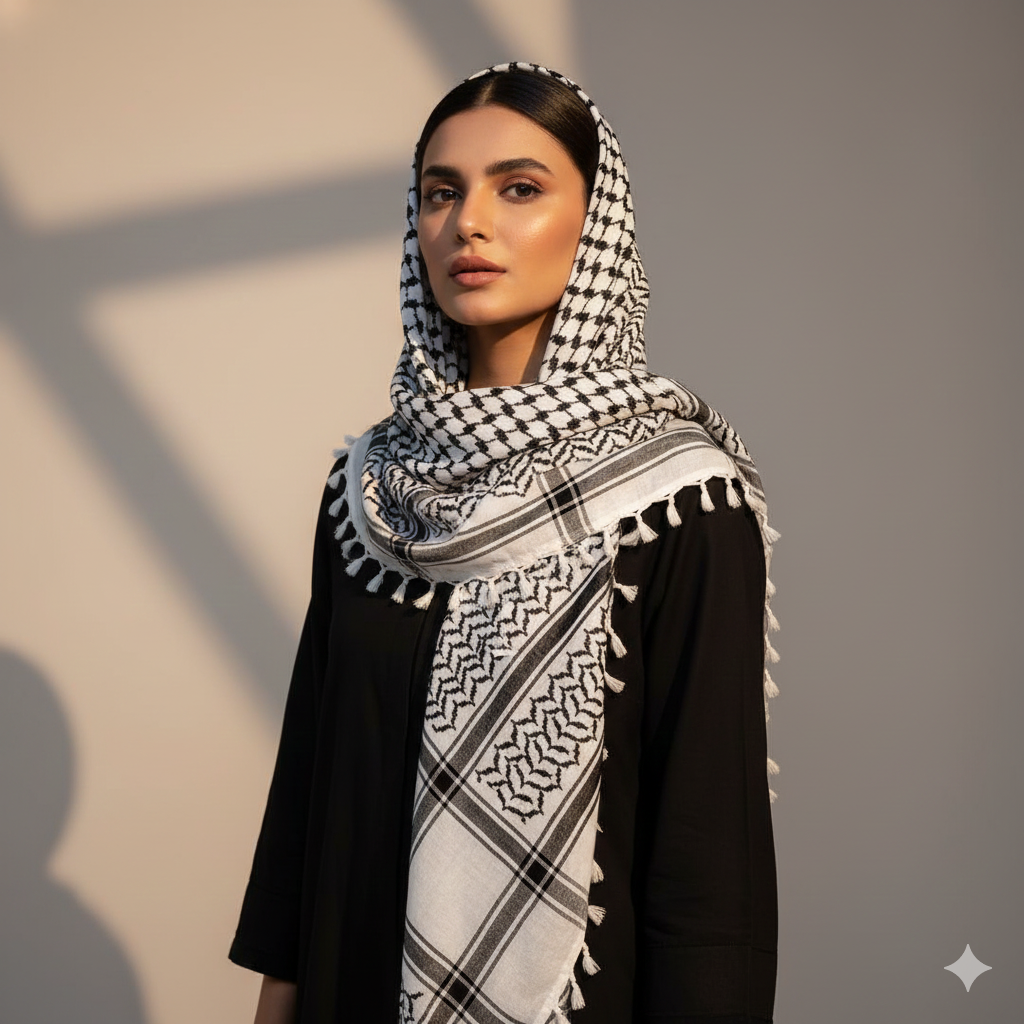 Palestinian Pattern Keffiyeh Roomal Scarf White & Black Emproidered (Unisex)