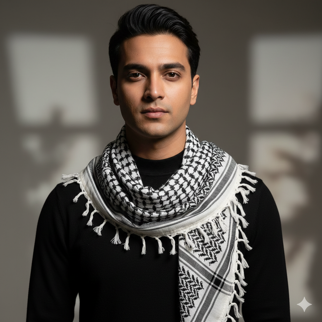 Palestinian Pattern Keffiyeh Roomal Scarf White & Black Emproidered (Unisex)