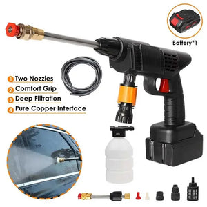 Electric pressure washer with nozzles and accessories on a white background