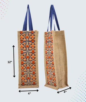 Jute tote bag with 12x4 inch dimensions, featuring orange and blue floral design and blue handles