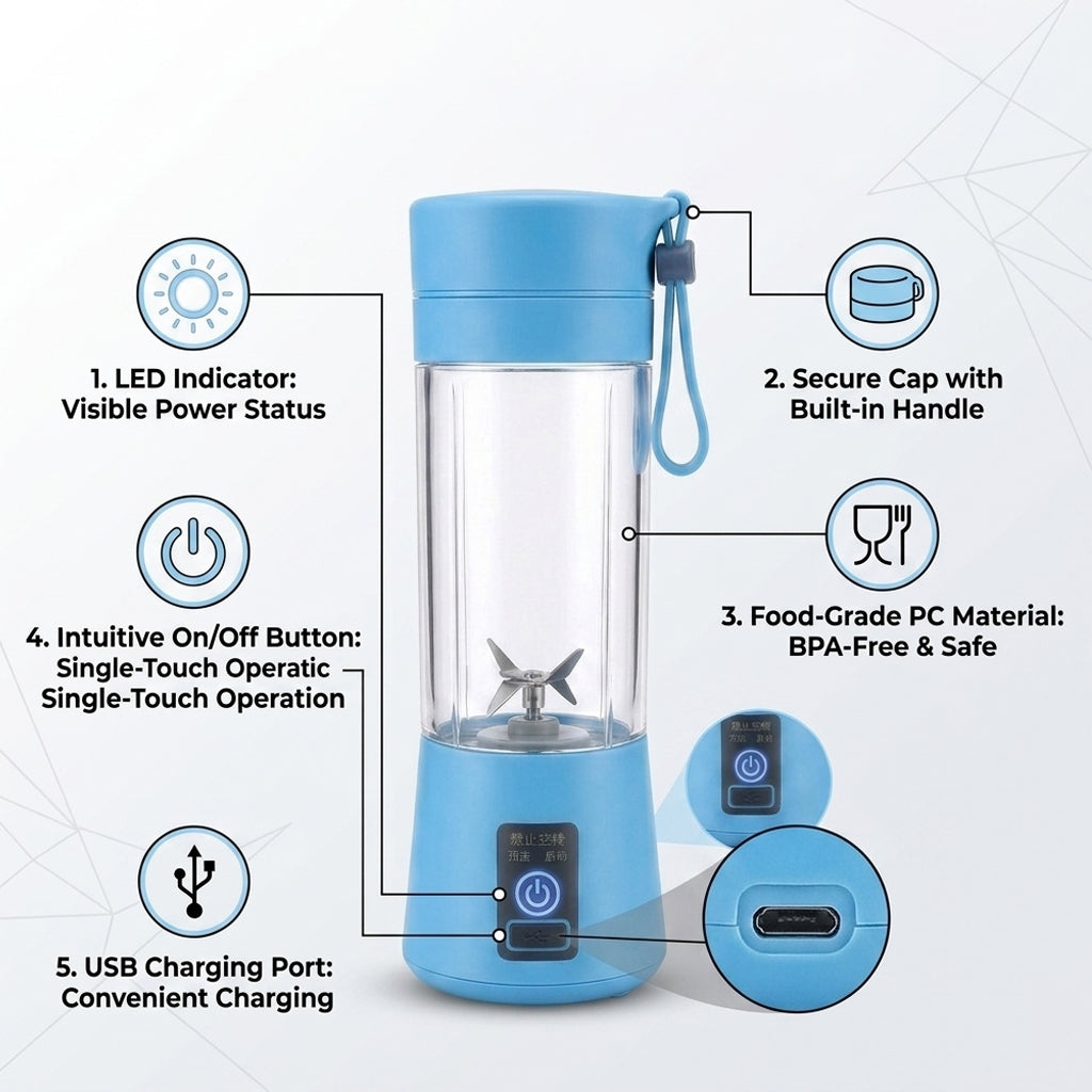 Mini Portable USB Rechargeable Juicer Blender - 6 Blades Lightweight Portable Juicer
