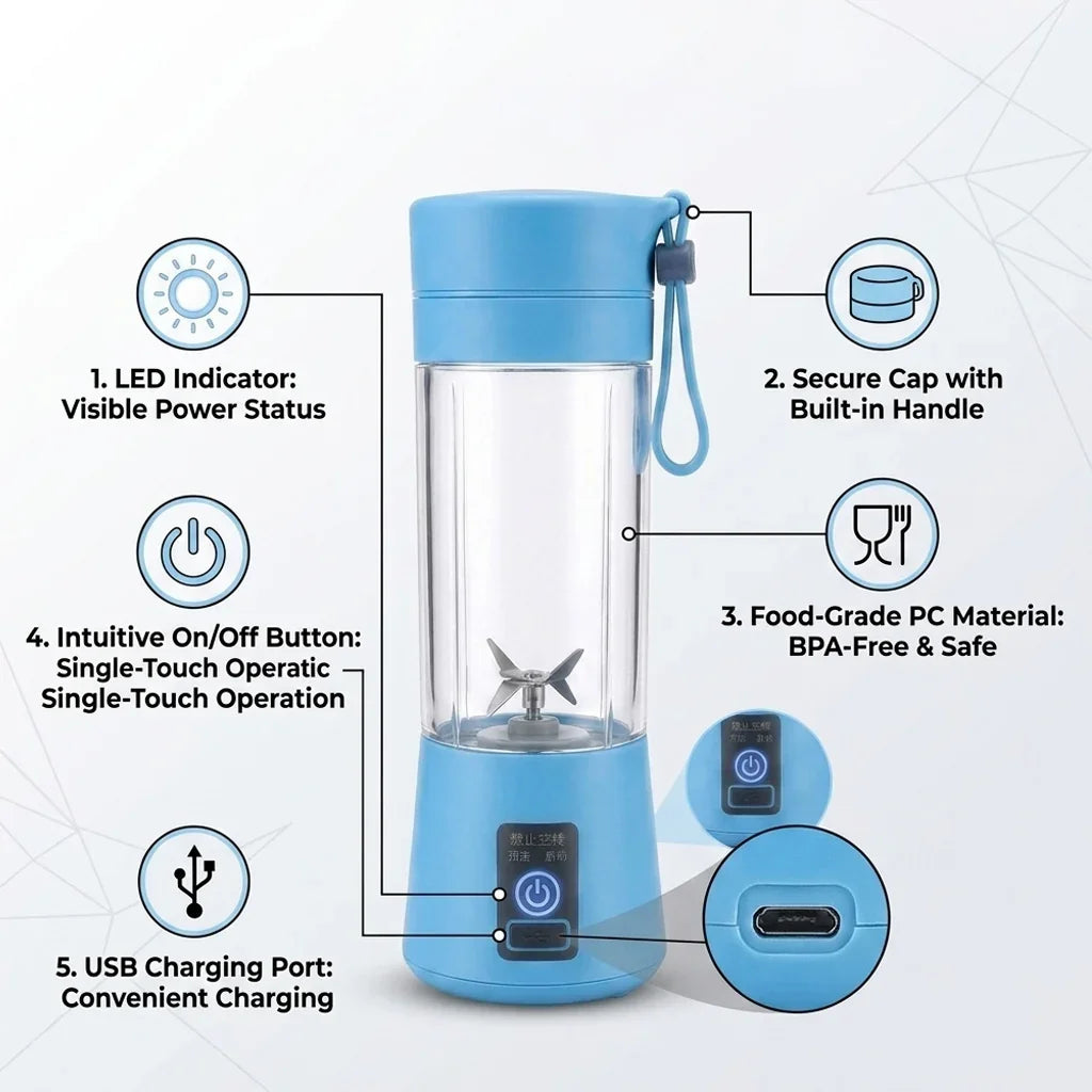 Mini Portable USB Rechargeable Juicer Blender - 6 Blades Lightweight Portable Juicer
