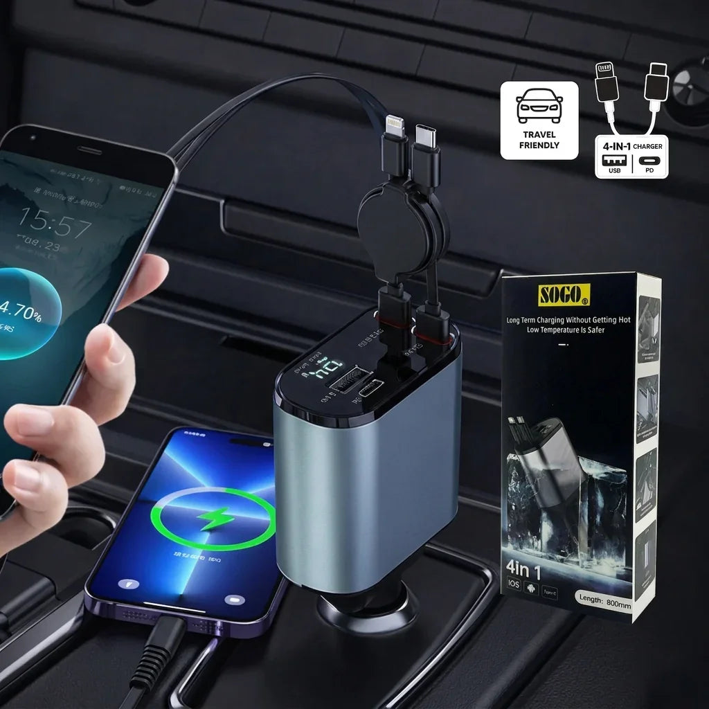 Car Charger Adapter 120W 4 in 1 Fast Charging Cigarette Lighter with Retractable Cable