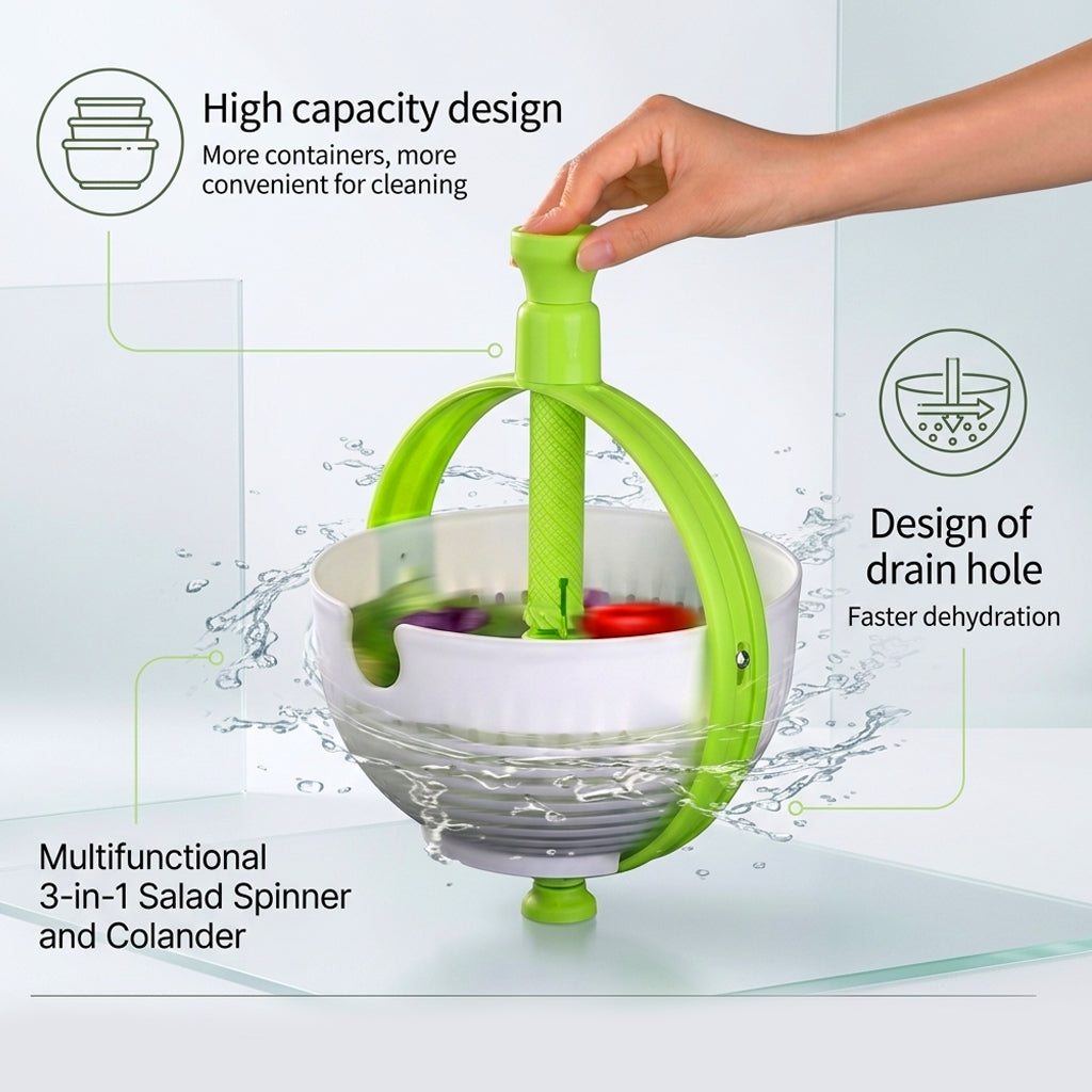 3-in-1 Rotating Salad Spinner Basket – Manual Vegetable & Fruit Washer, Drainer & Dryer