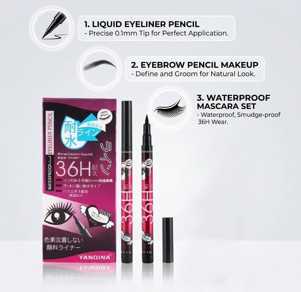 Eyeliner Pencil & Waterproof Mascara Set - Eye Liner Cosmetics with Eyebrow Pencil