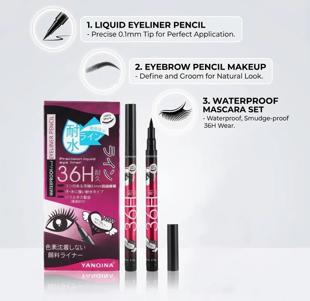 Eyeliner Pencil & Waterproof Mascara Set - Eye Liner Cosmetics with Eyebrow Pencil