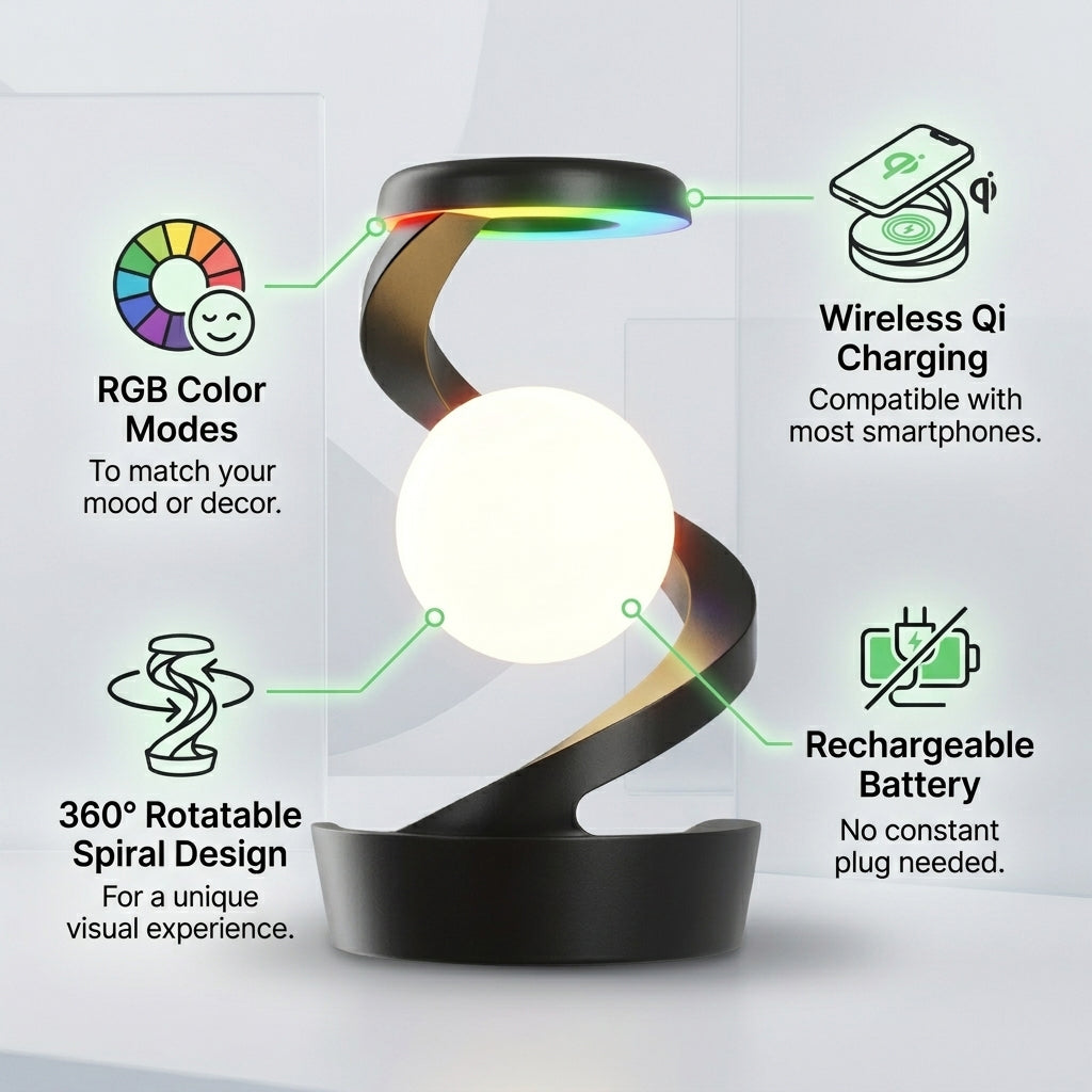 Rechargeable RGB Spiral Moon Lamp with Wireless Phone Charging