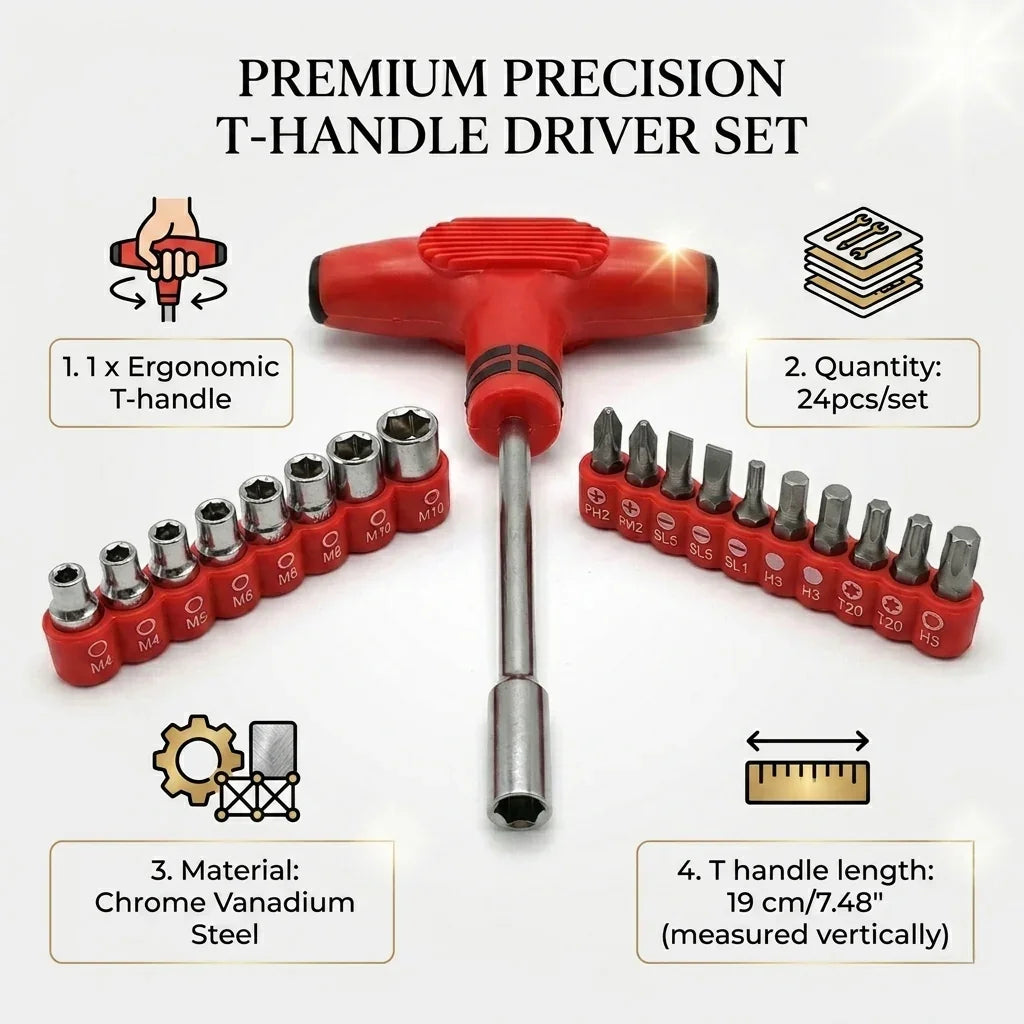 24pcs T-Handle Screwdriver Set with Bits - Durable Multi Purpose Household & Professional Tool Kit
