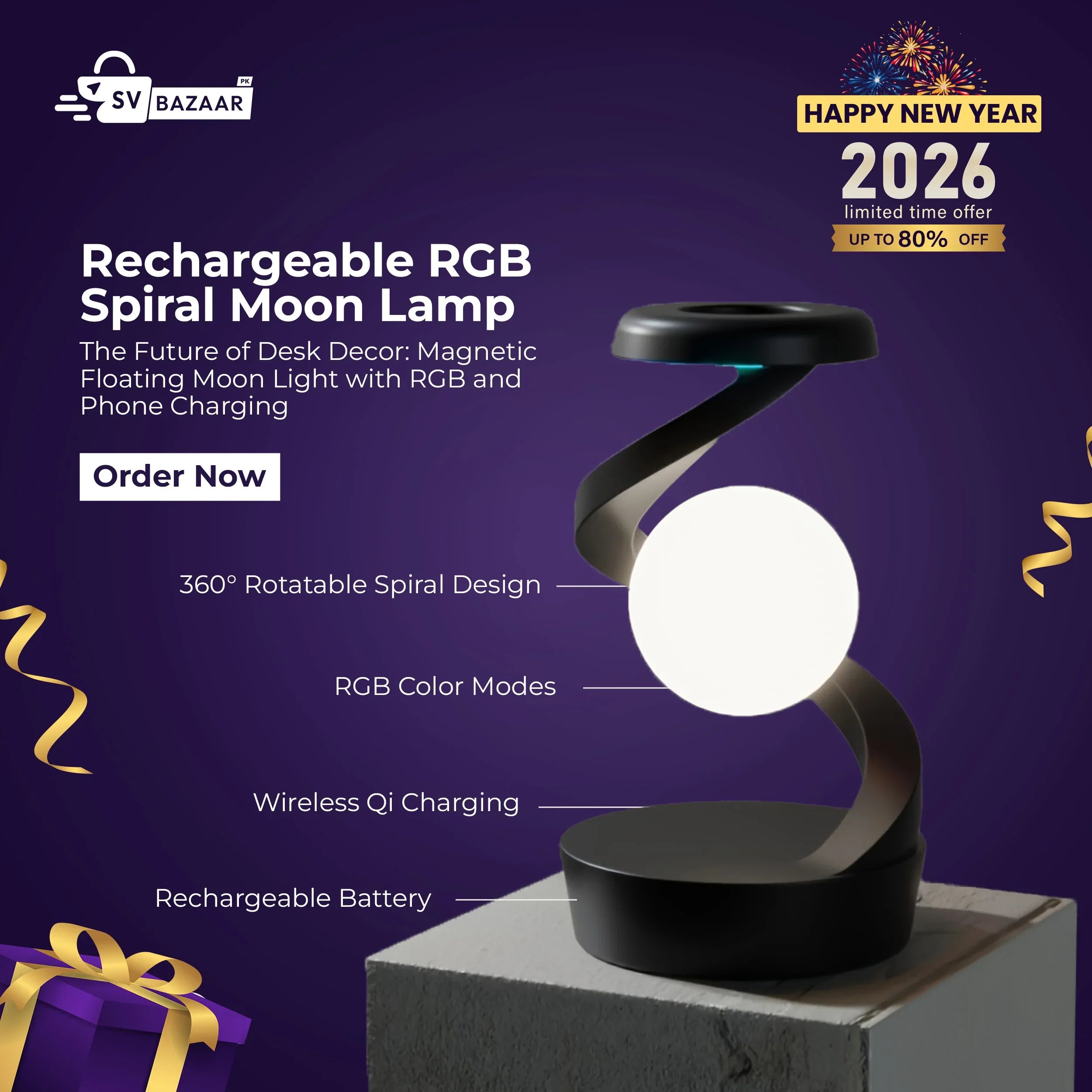Rechargeable RGB Spiral Moon Lamp with Wireless Phone Charging