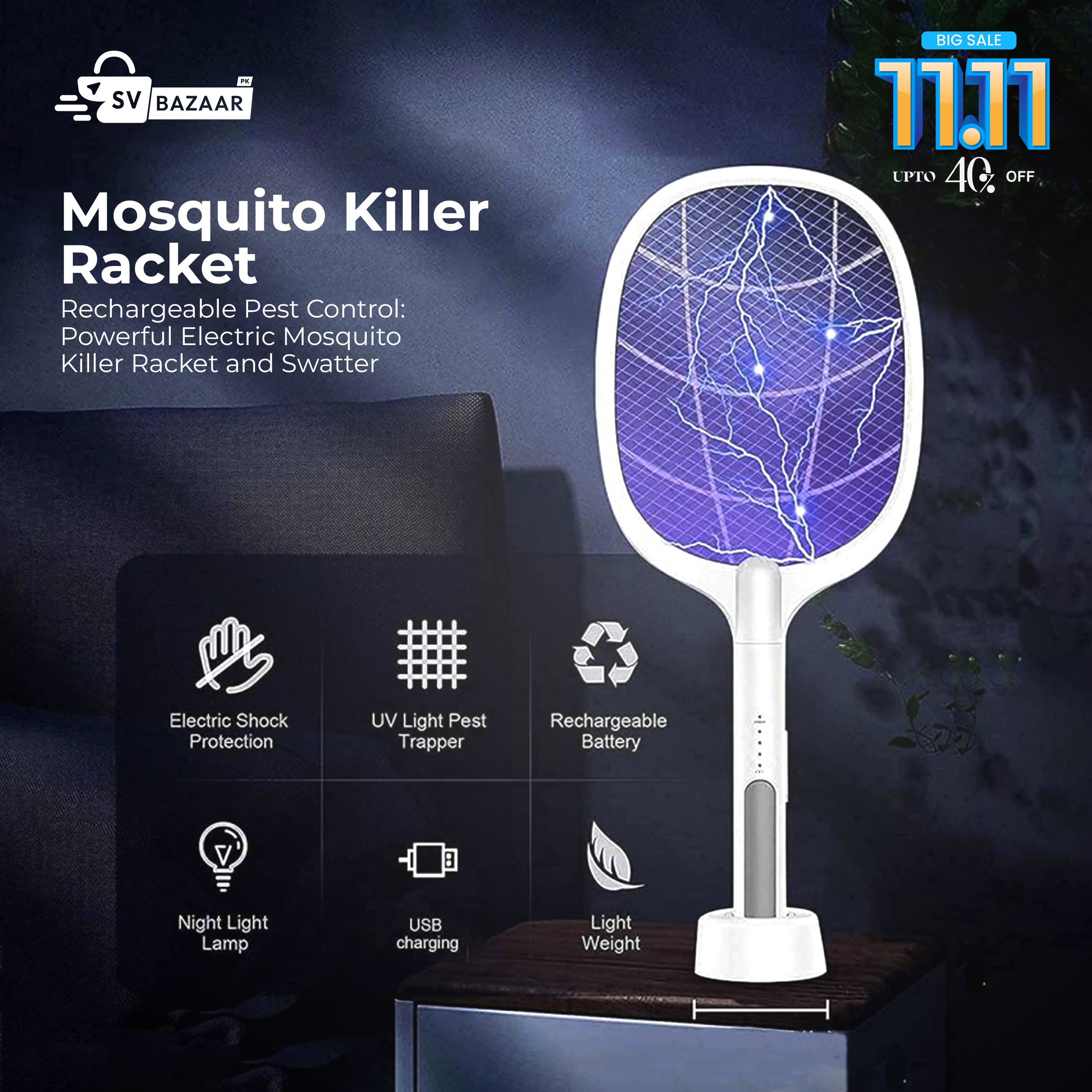 2in1 Electric Shock Rechargeable Mosquito Killer Racket