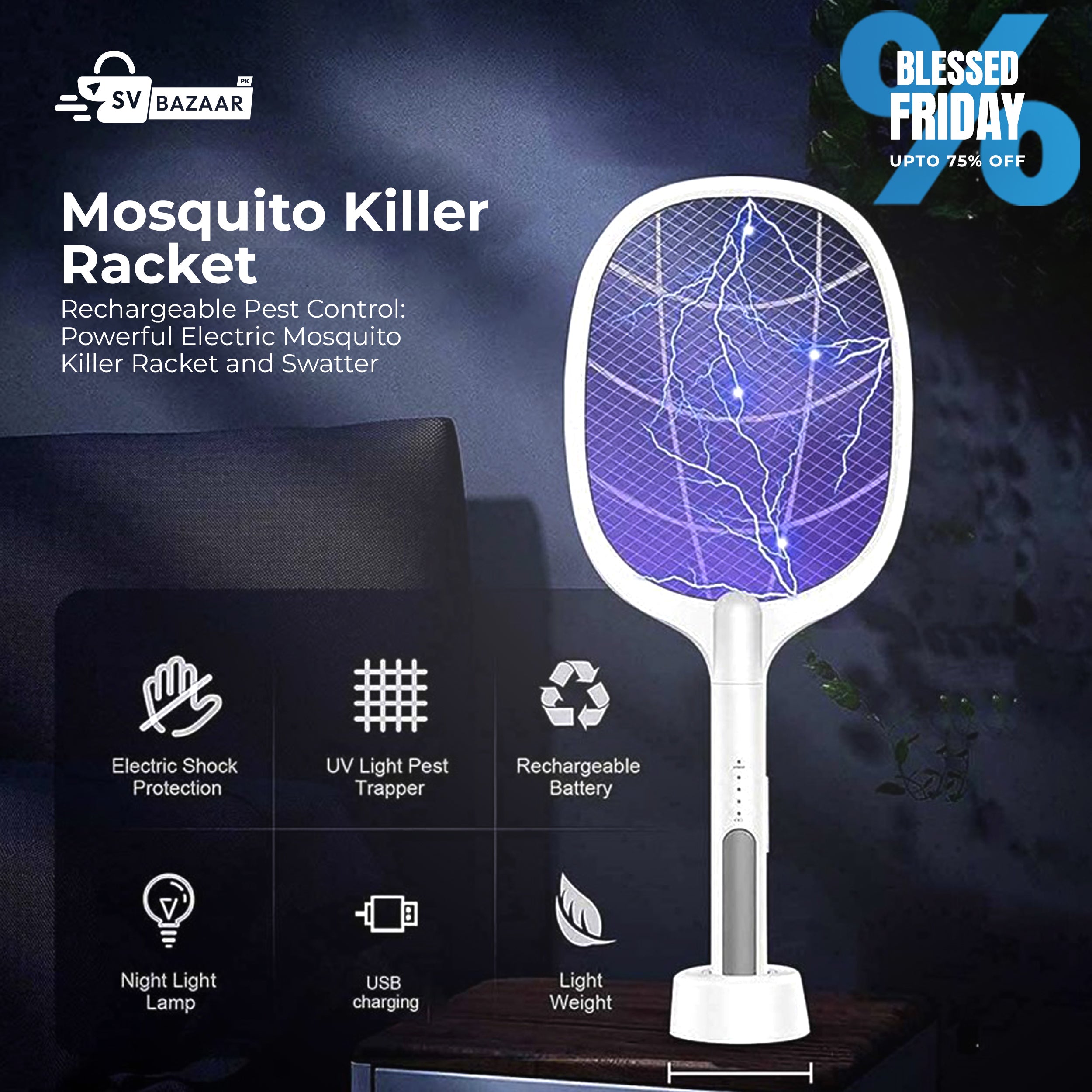 2in1 Electric Shock Rechargeable Mosquito Killer Racket