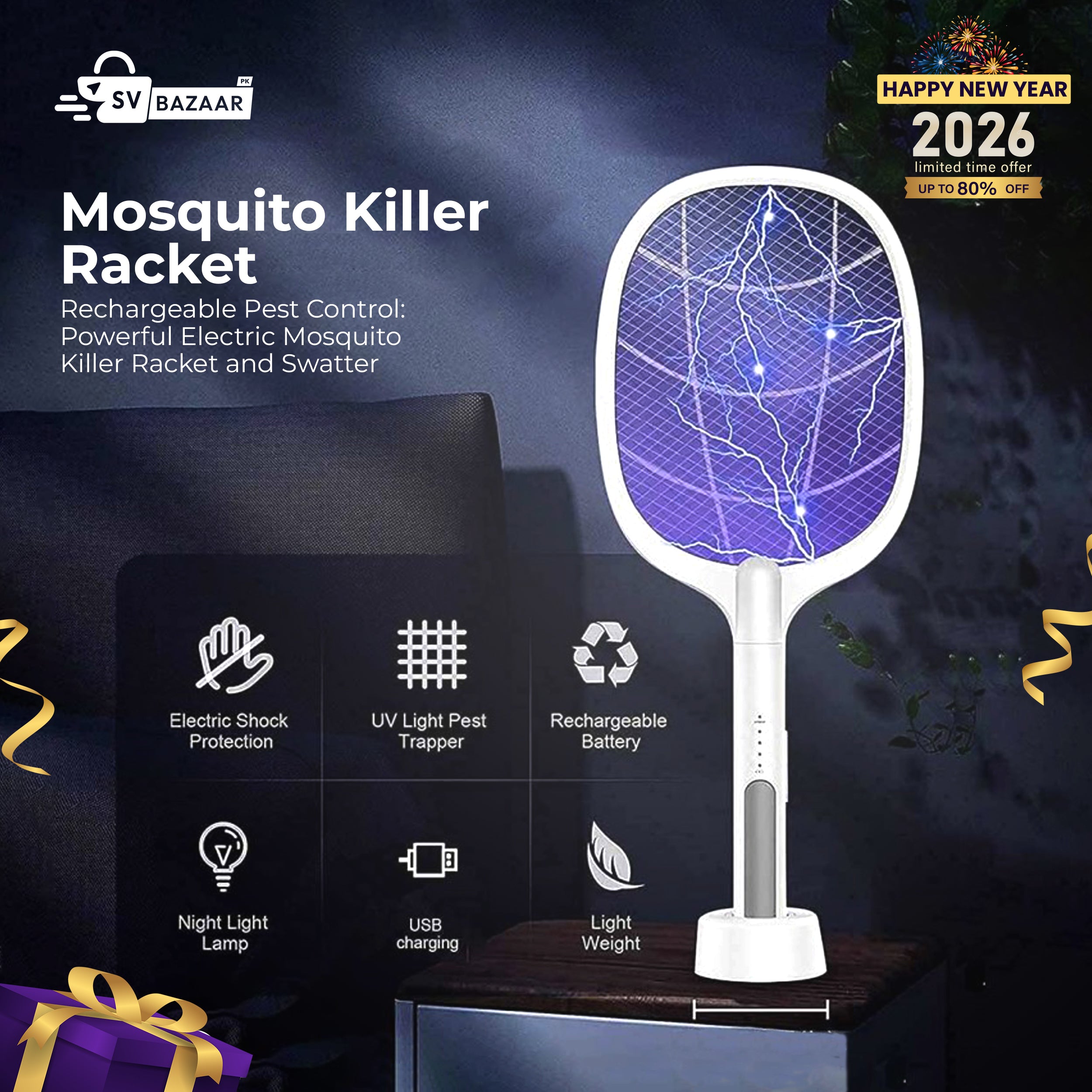 2in1 Electric Shock Rechargeable Mosquito Killer Racket