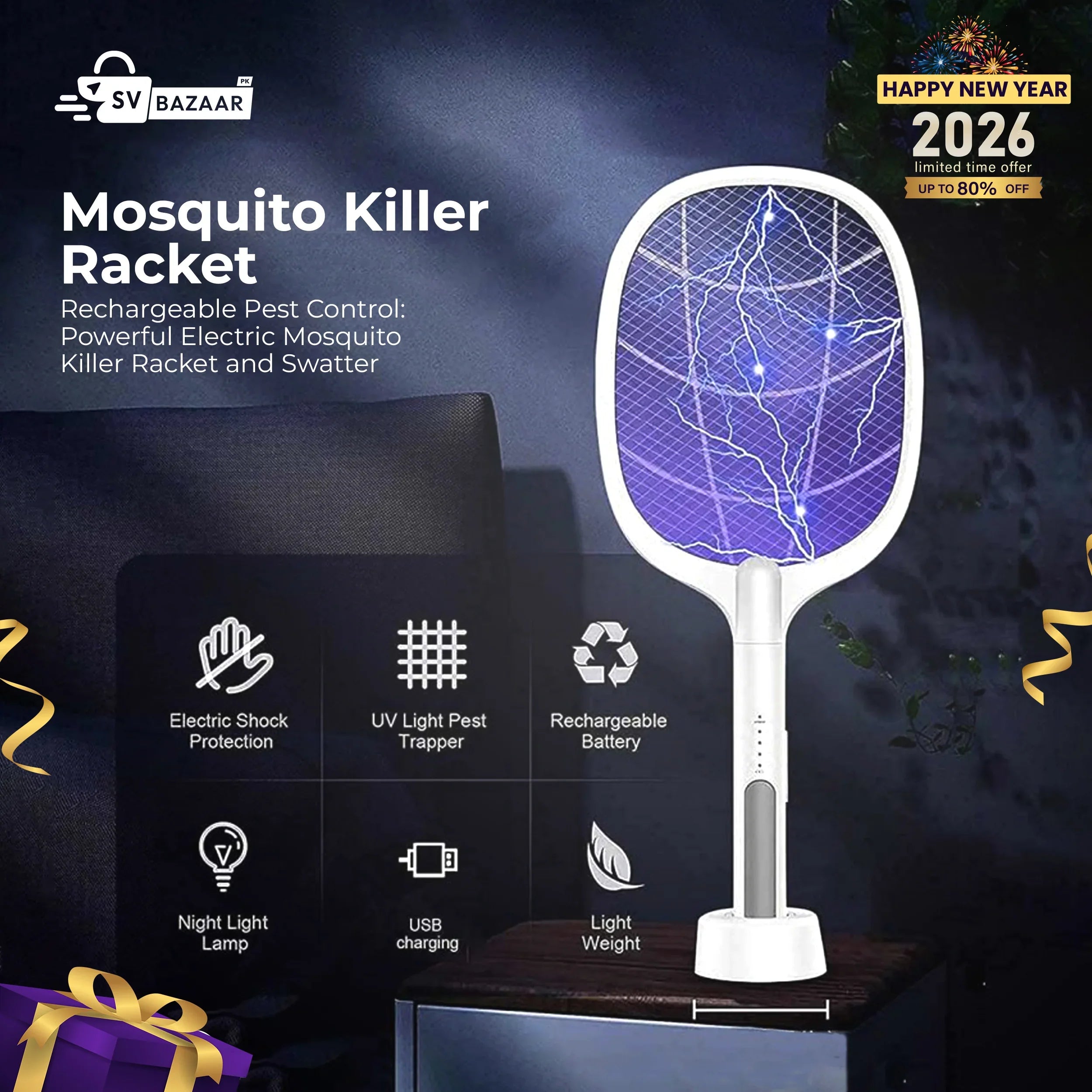 2in1 Electric Shock Rechargeable Mosquito Killer Racket