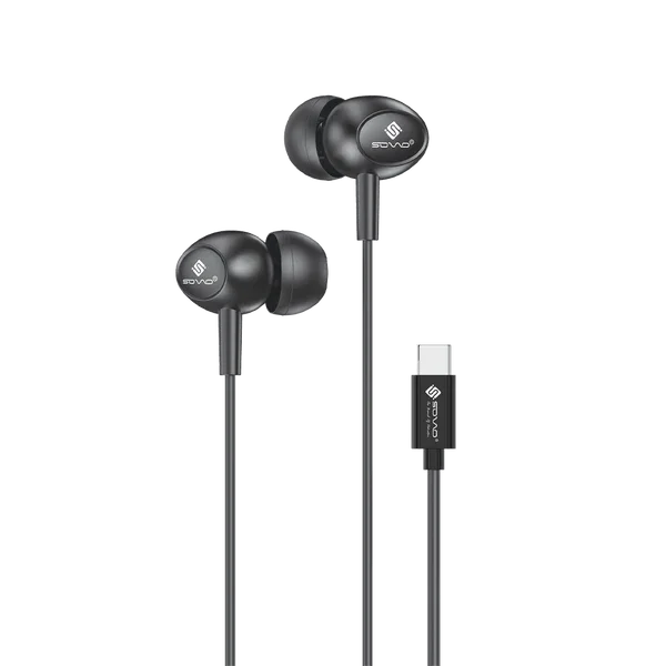 Black earbuds with a USB-C connector on a white background
