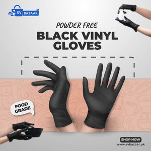 Powder free black vinyl gloves for food grade use shown on hands, promoting safety and hygiene