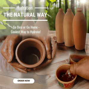 Clay water bottles and cups promoting natural hydration with rustic pottery and greenery background