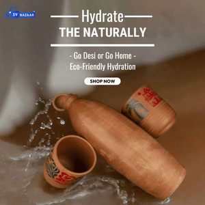 Eco-friendly hydration with traditional clay water bottle and cups splashing water naturally