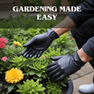 Person wearing black gloves gardening with colorful flowers in a garden pot, text Gardening Made Easy