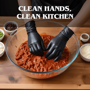 Hands wearing black gloves mixing red sauce in a glass bowl with ingredients on wooden table, text clean hands clean kitchen