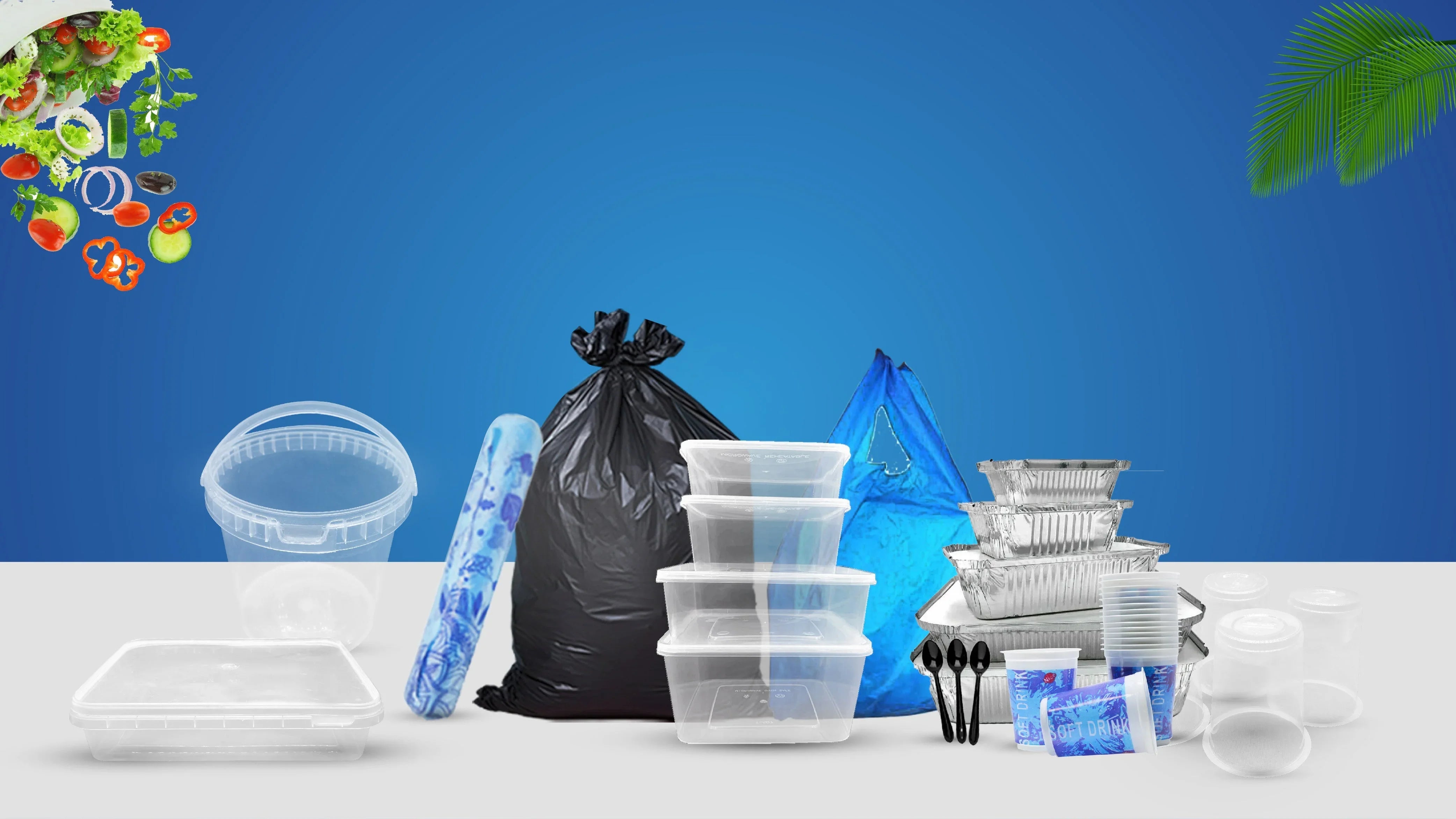 Various plastic containers, disposable food trays, spoons, black and blue garbage bags on white surface with blue background