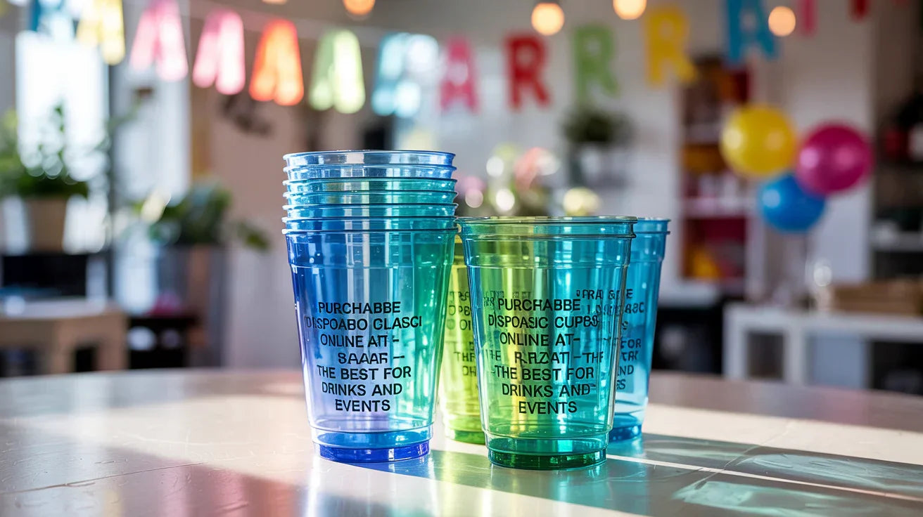 Stacked colorful disposable plastic cups on table with party decorations in background