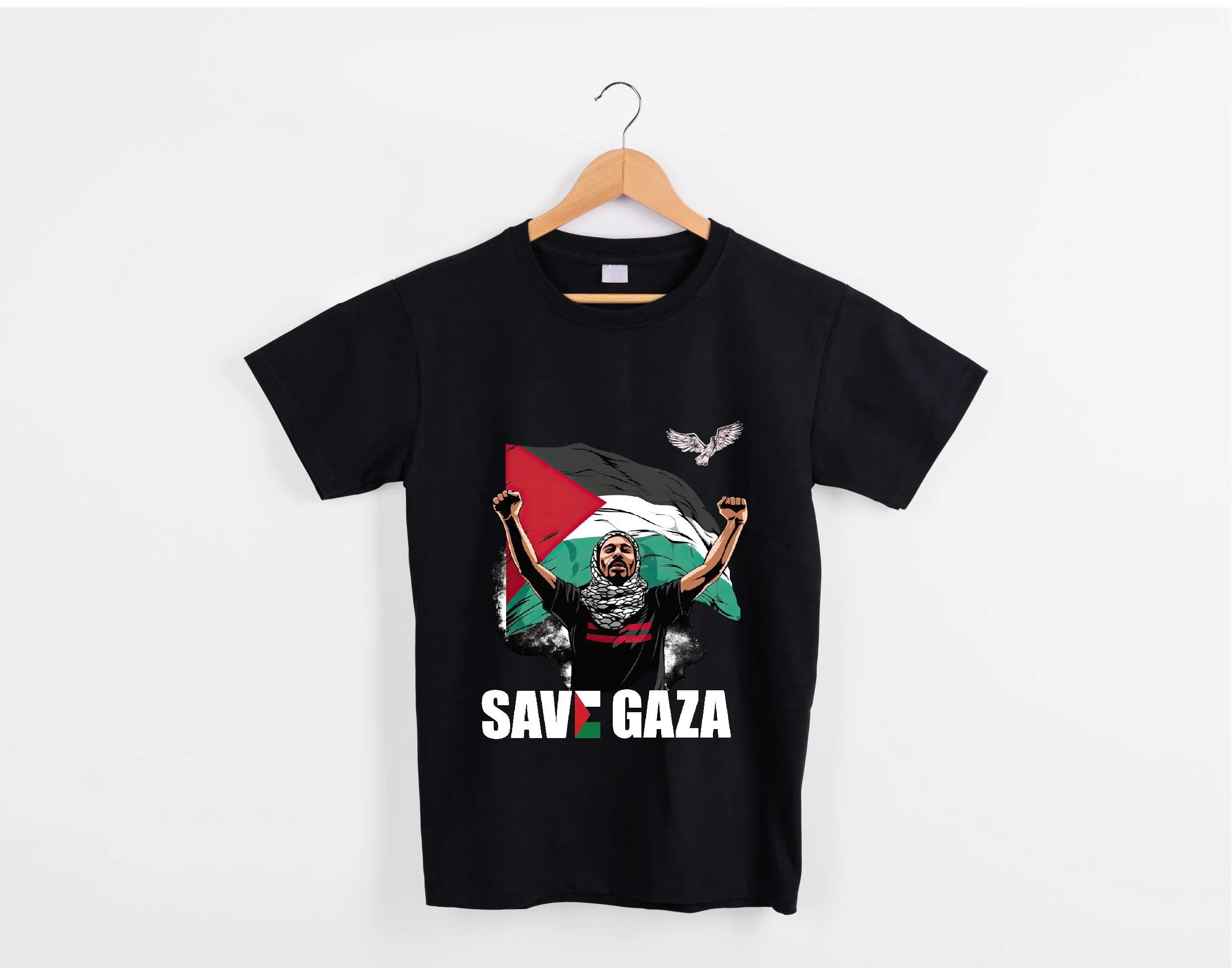 Black T-shirt with graphic of person raising fists, Palestinian flag, dove, and text Save Gaza