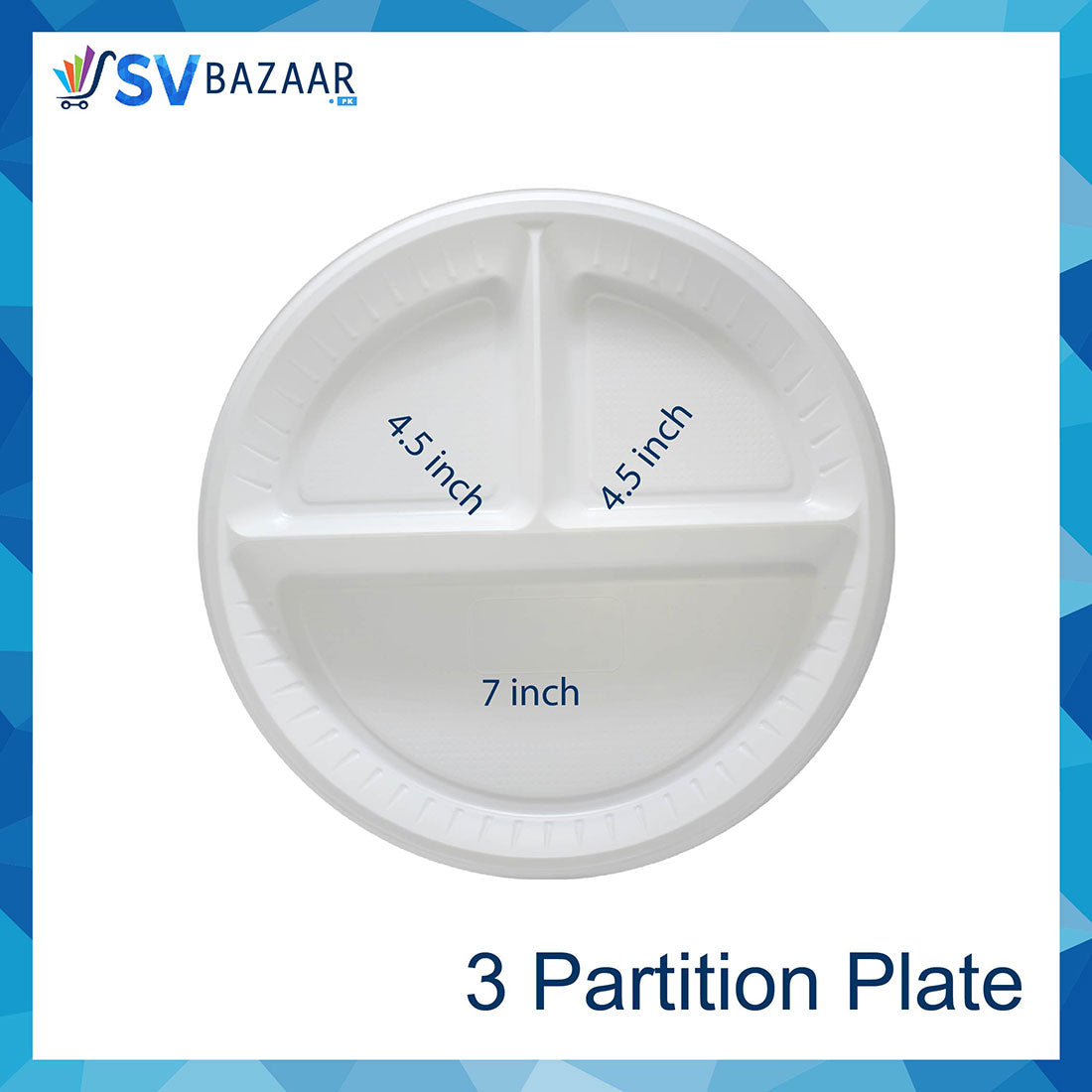 3 Partition Disposable Plastic Plates - Food Grade Pack of 50