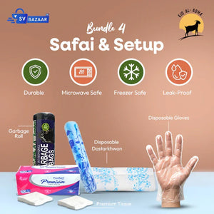 Safai & Setup bundle with disposable gloves, tissue, and other items on a brown background