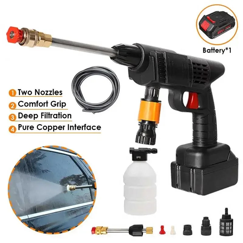Electric pressure washer with nozzles and accessories on a white background