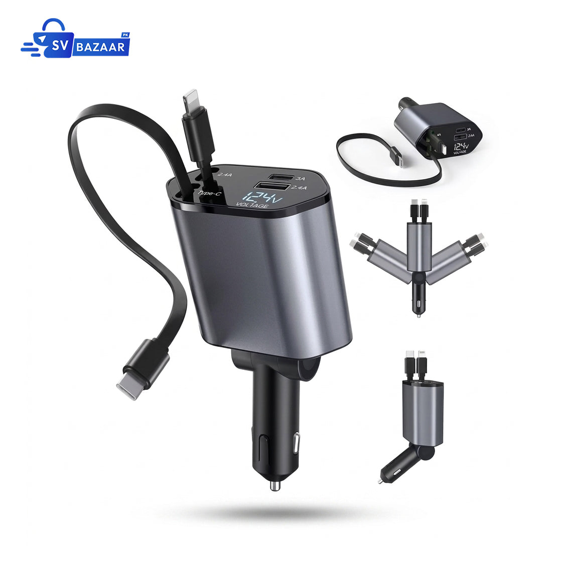 Car Charger Adapter 120W 4 in 1 Fast Charging Cigarette Lighter with Retractable Cable