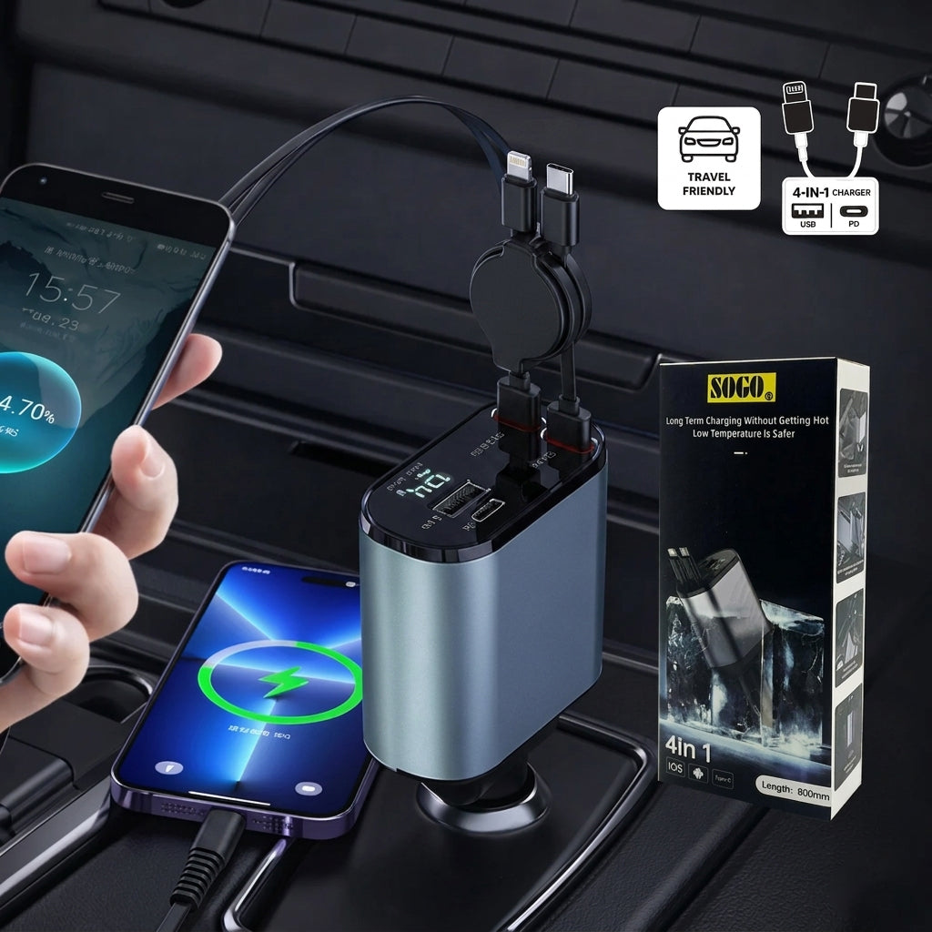 Car Charger Adapter 120W 4 in 1 Fast Charging Cigarette Lighter with Retractable Cable