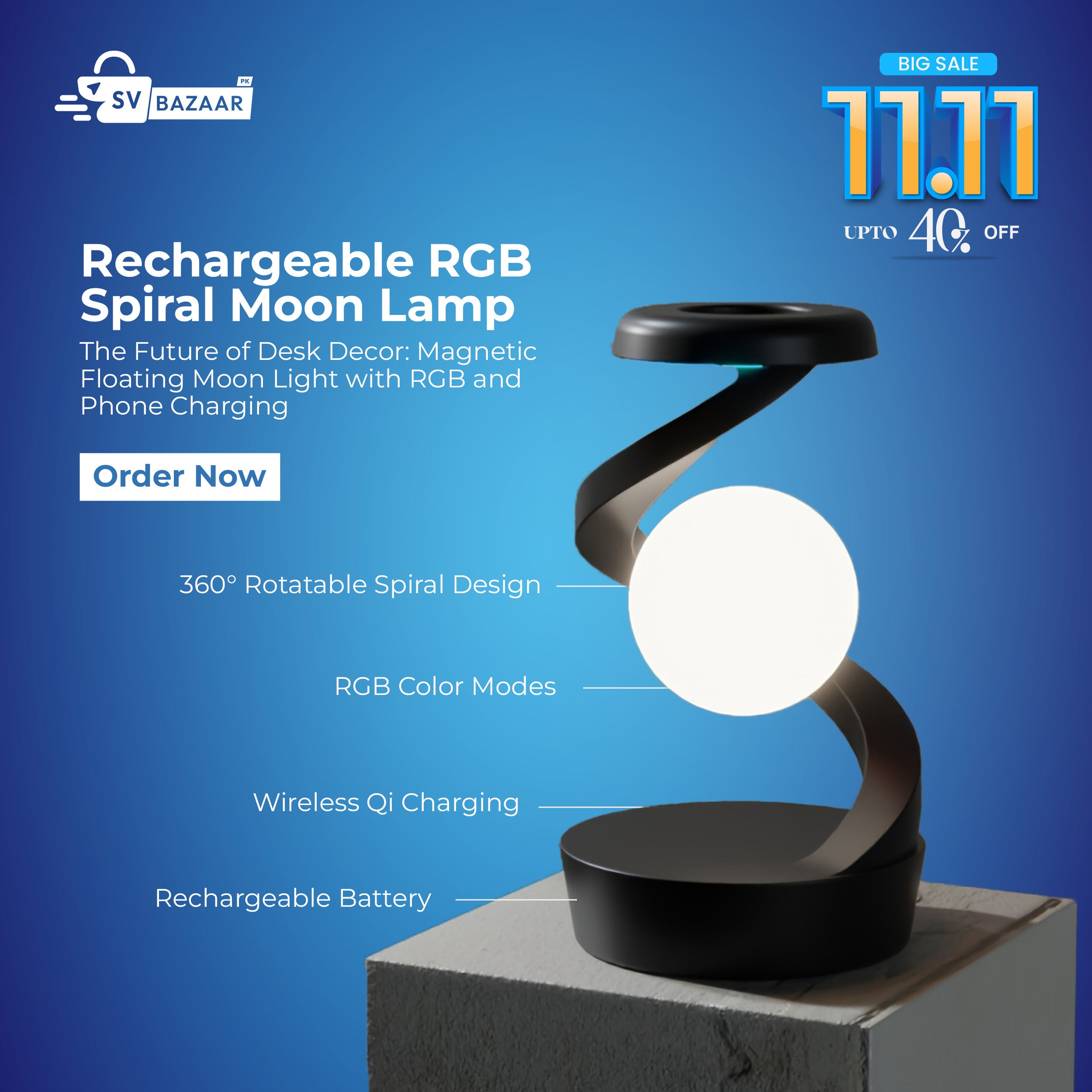 Rechargeable RGB Spiral Moon Lamp with Wireless Phone Charging – Floating Magnetic Light for Room & Desk Decor