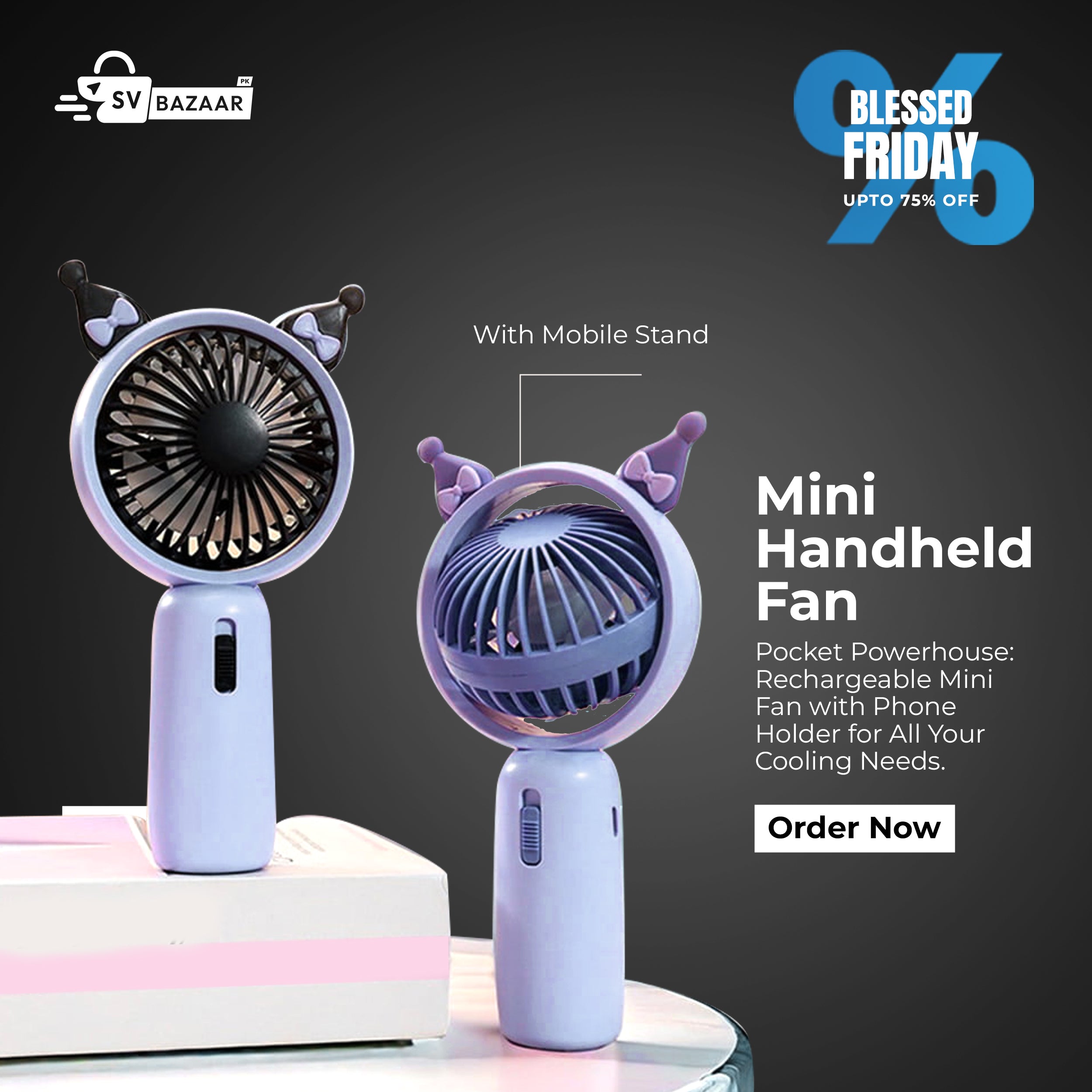 Mini Handheld Cute Fan with Mobile Stand | Portable Rechargeable USB Fan | Personal Cooling Fan for Office, Travel, Outdoor, Home & Desk Use | Strong Wind, Lightweight, Silent Operation