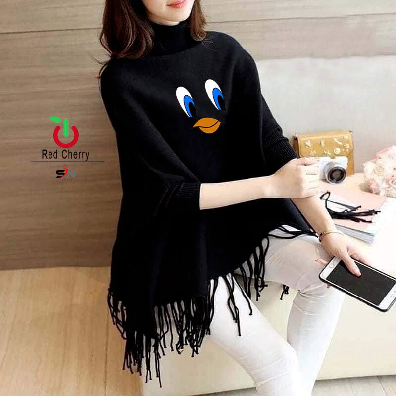 Women Winter Printed Poncho Fabric Fleece Size free Black Random Design