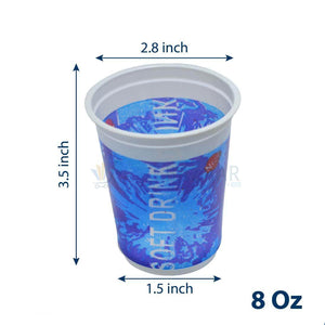 8 oz disposable Pepsi soft drink cup with blue branding, dimensions 3.5x2.8x1.5 inches