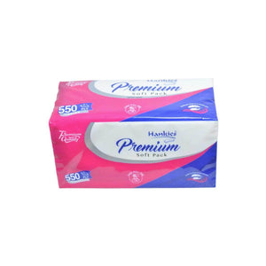 Hankies Premium soft pack with 550 two-ply tissues in pink and blue packaging