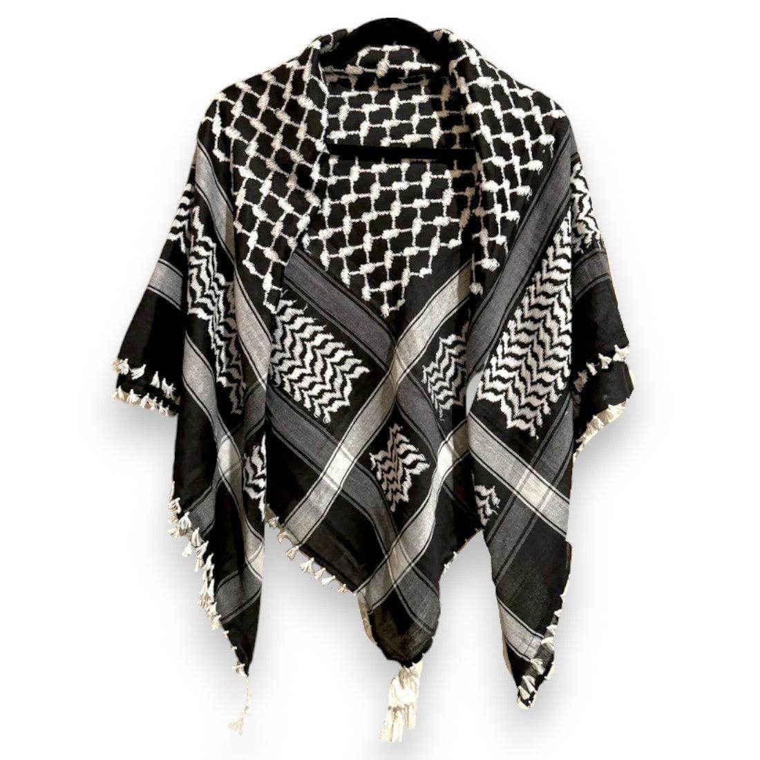 Palestinian Pattern Keffiyeh Roomal Scarf Black & White Emproidered (Unisex) - SV Bazaar