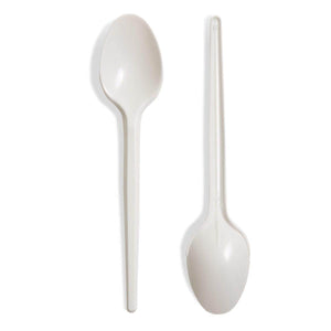 Two white disposable plastic spoons shown from front and back on a white background