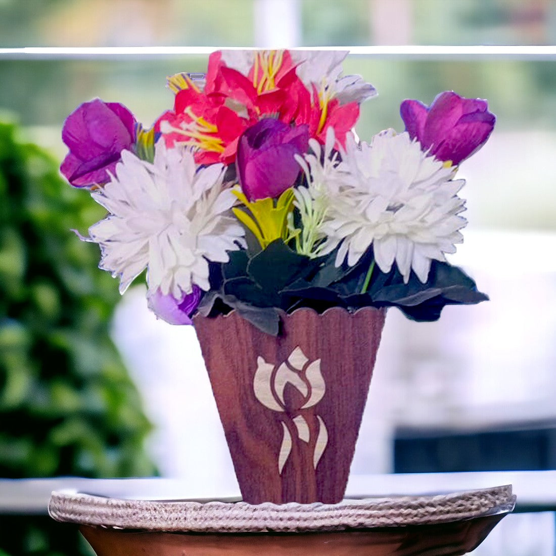 Handcrafted Wooden Flower Vase With Artifical Flowers