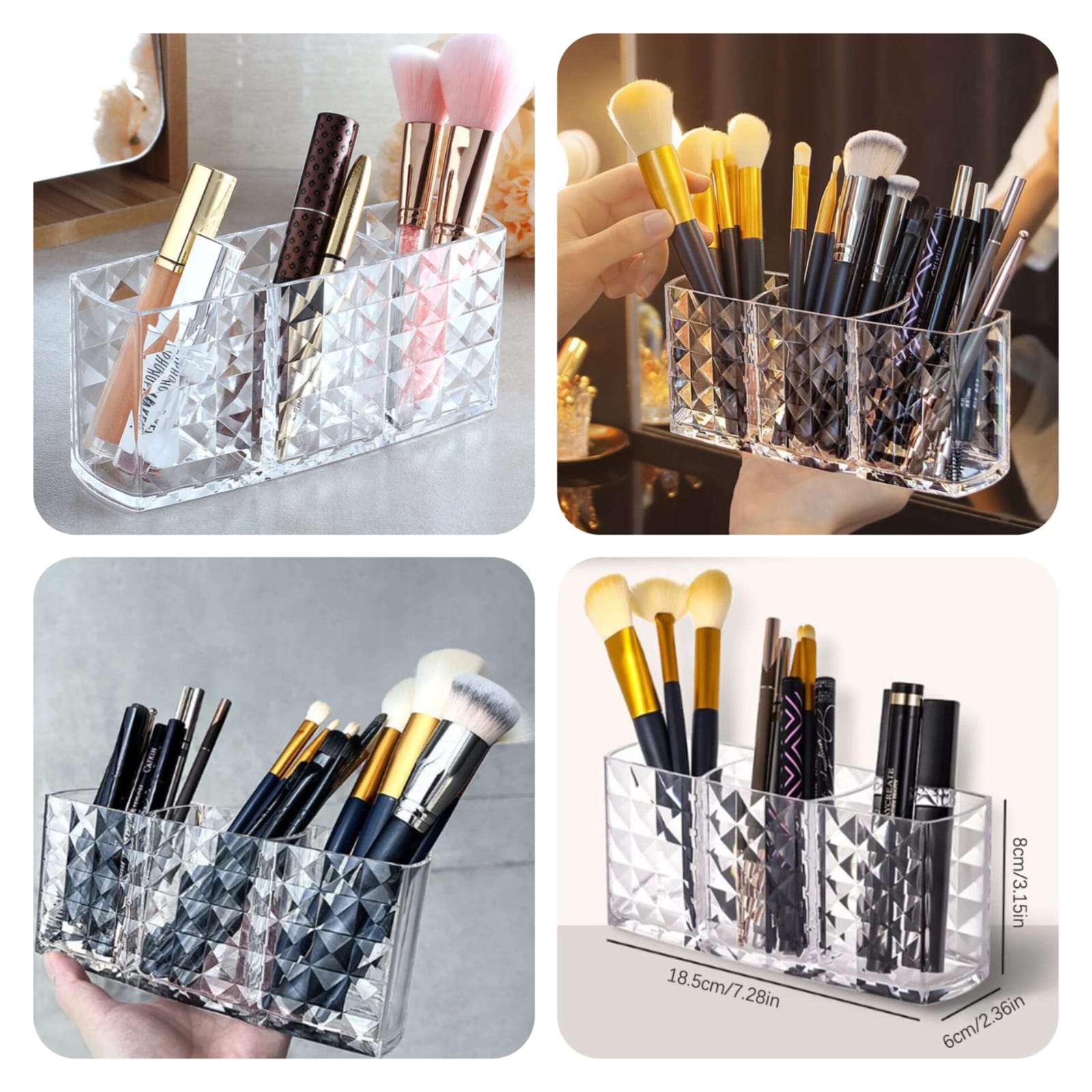 Acrylic 3-Part Cosmetic Brush Holder