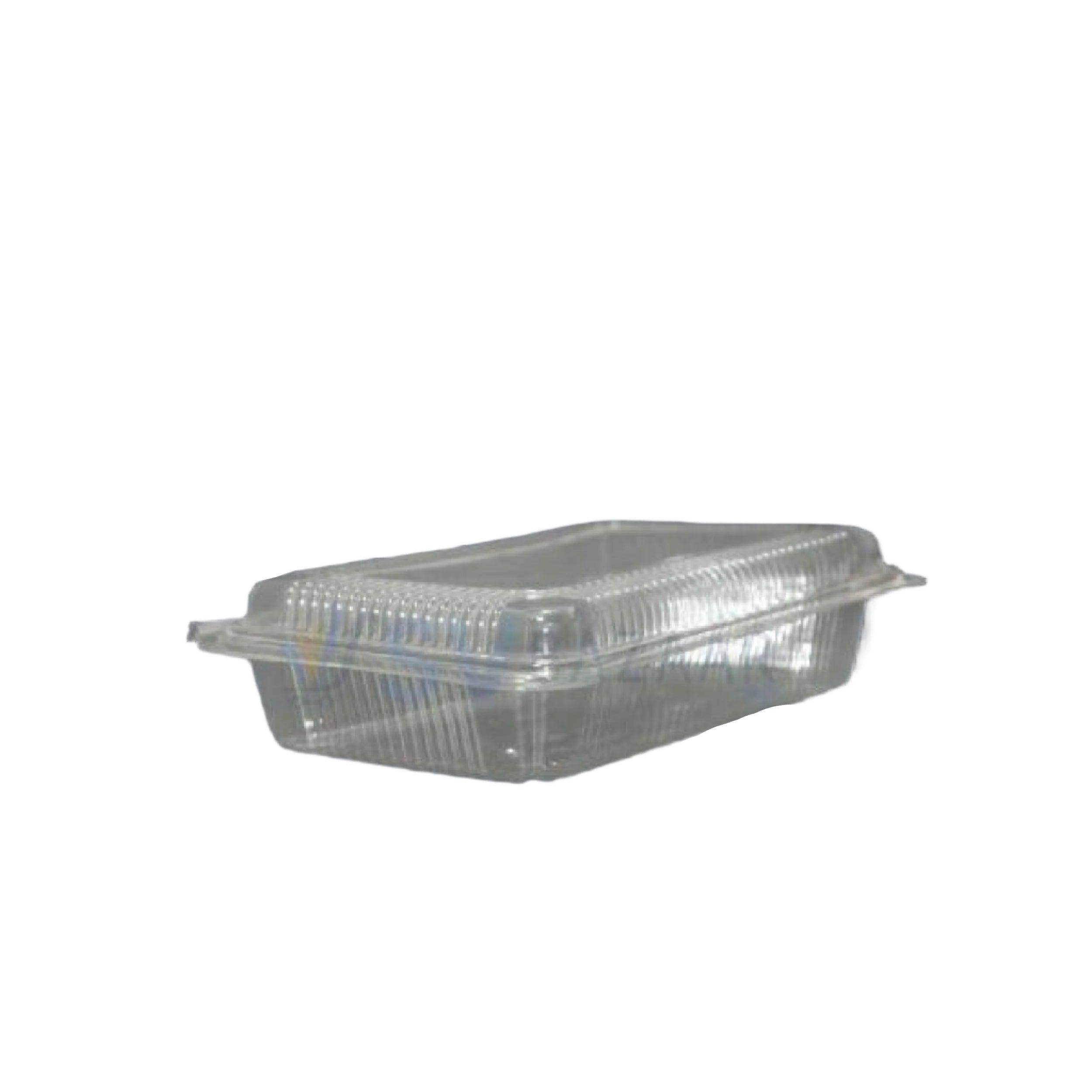 Clear plastic clamshell food container with hinged lid on white background